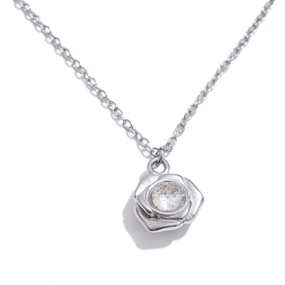 Yhpup Stainless Steel Shiny Cubic Zirconia Rose Flower Pendant Necklace Delicate New Arrivals Aesthetic Collar Jewelry Gift