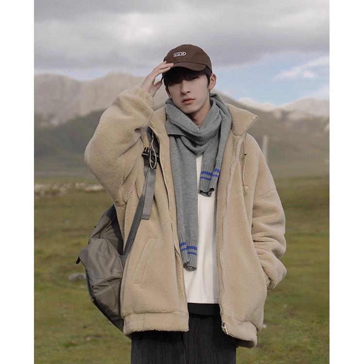 Men's Thickened Cotton-Padded Fleece Jacket, Stand Collar, Loose Fit, Warm Outerwear for Fall/Winter Students.