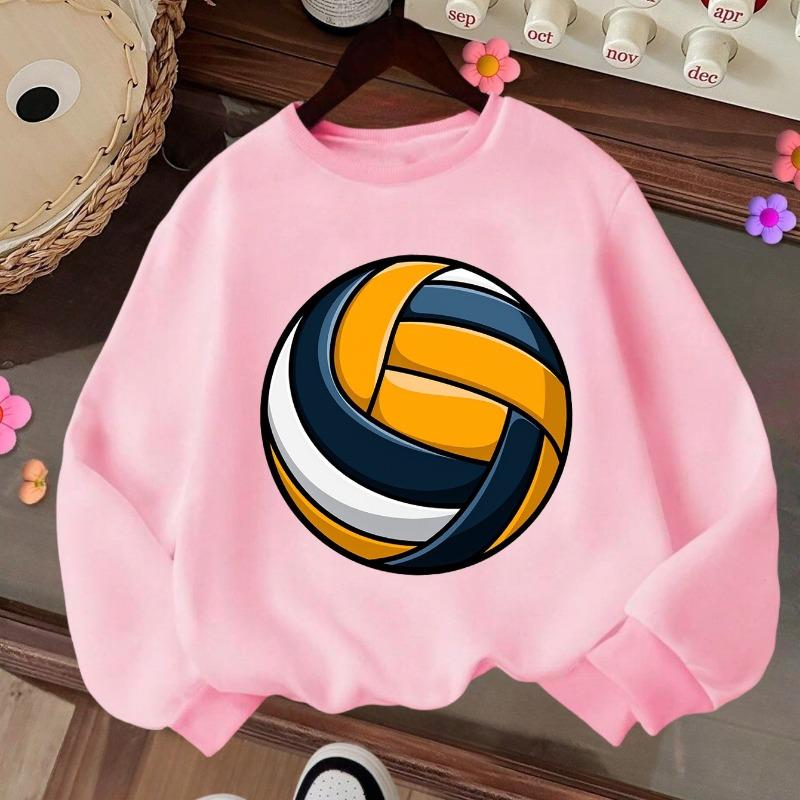Kids Crewneck Sweatshirt, Volleyball Print, Casual Tops for Fall & Winter