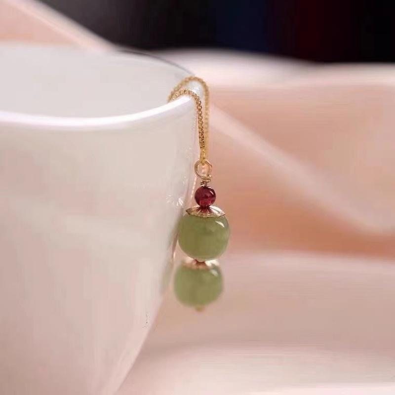 Gold Color Hetian Jade Earrings for Women Girl Simple Temperament Green Round Ear Line Jewelry Girls Gift Dropshipping Wholesale