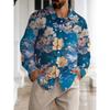 Men's Japanese-style Cherry Blossom Watercolor Print Long-sleeved Shirt, Blue and White Casual Button-down Top