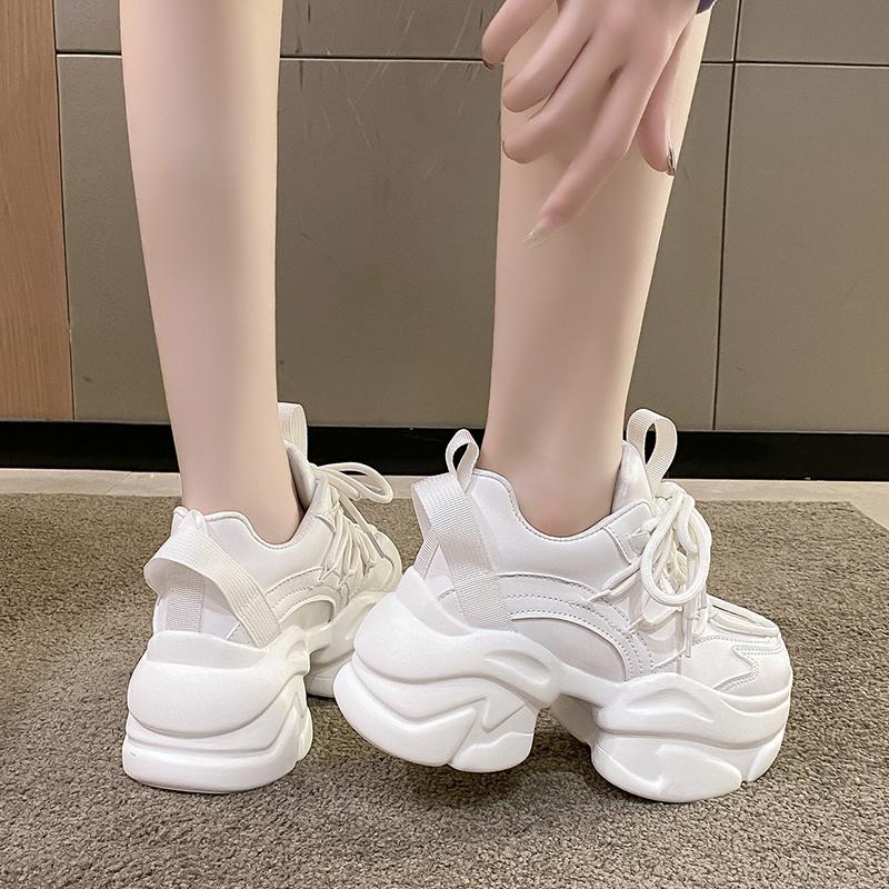 Black Women Chunky Leather Sneakers High Platform Ulzzang Sports Shoes New 2025 Autumn Thick Bottom Women's Wedge Casual Shoes