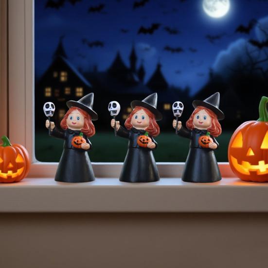 3Pcs Halloween Witch Figurine Holding Skull Pumpkin Cartoon Witch Resin Statue Sculpture Home Office Holiday Party Decoration Ornament