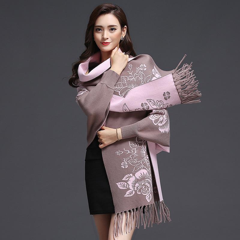 Podzimní třásňový žakárový šál Cheongsam pro ženy, zimní květinový teplý šál s rukávy