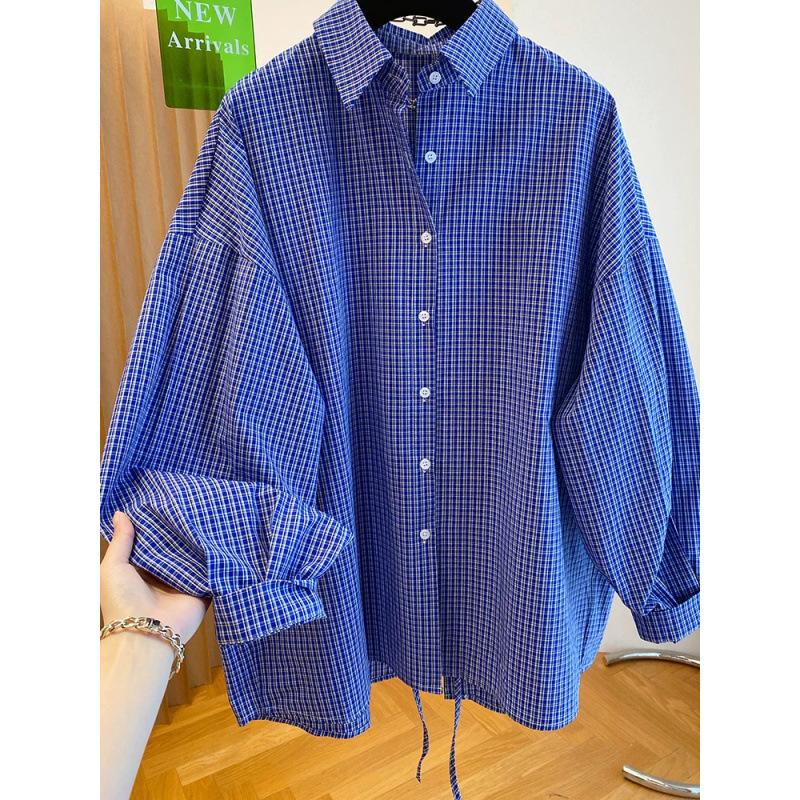 Blue Plaid Long Sleeve Loose Shirts Fashion Korean Split Blouse Women Oversized Spring Casual Vintage