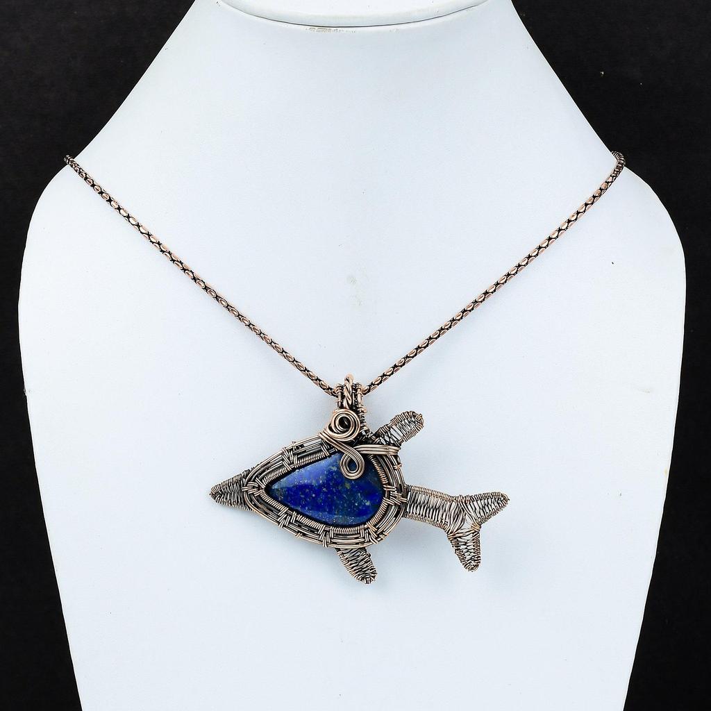 Unique Lapis Lazuli Gemstone Handmade Pure Copper Wire Wrapped Fish Pendant Jewelry