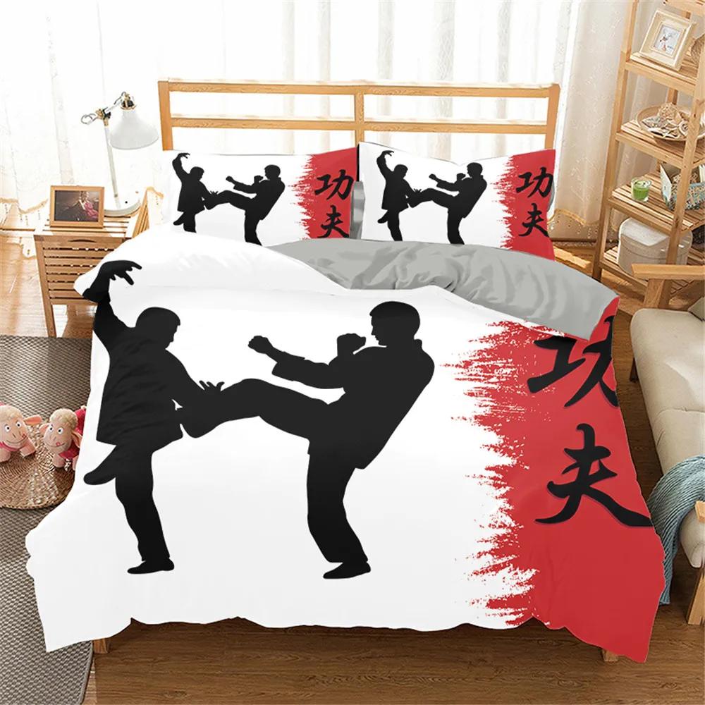 Chinese Kungfu Duvet Cover Black Cartoon Martial Artist Silhouette for Adult Teens Boys China Cultural Theme Bedroom Decoration