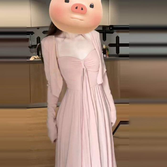 2026 French Pure Desire Pink Spaghetti Strap Dress & Cardigan Long Skirt Set for Early Autumn Large