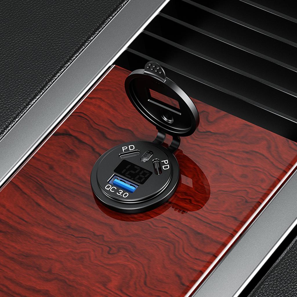 USB C Car Charger Socket 12V/24V USB C Outlet Ual 45W PD Type C & 18W 3.0 Port with LED Voltmeter