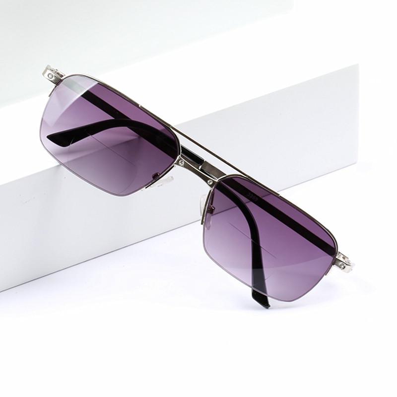 Old Flower Herren Bifokal Gleitsicht Sonnenbrille, Graue Gläser, Halbrand Lesebrille mit Kadiya Metallrahmen