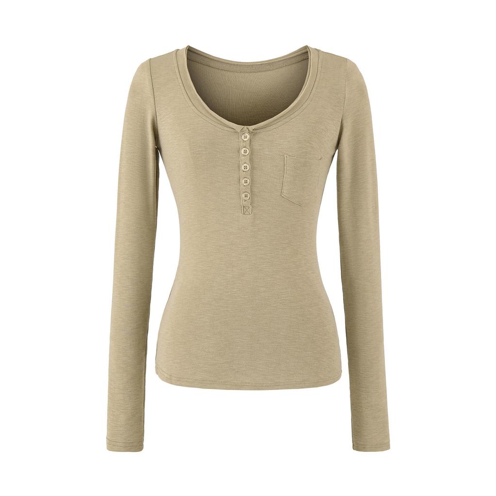 Women's Slim-Fit Long-Sleeve Henley V-Neck Top with Pocket, Stretchy Fine Cotton, Spring/Autumn Style