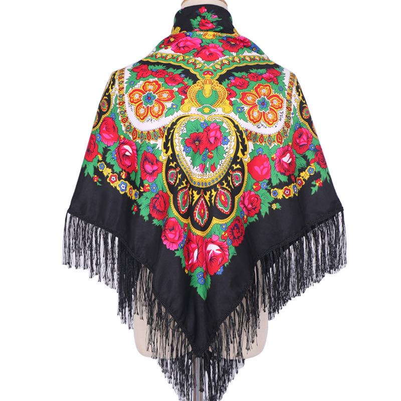 Women's Ethnic Print Summer Shawl - Large Square Scarf with Tassels for Travel & Photos