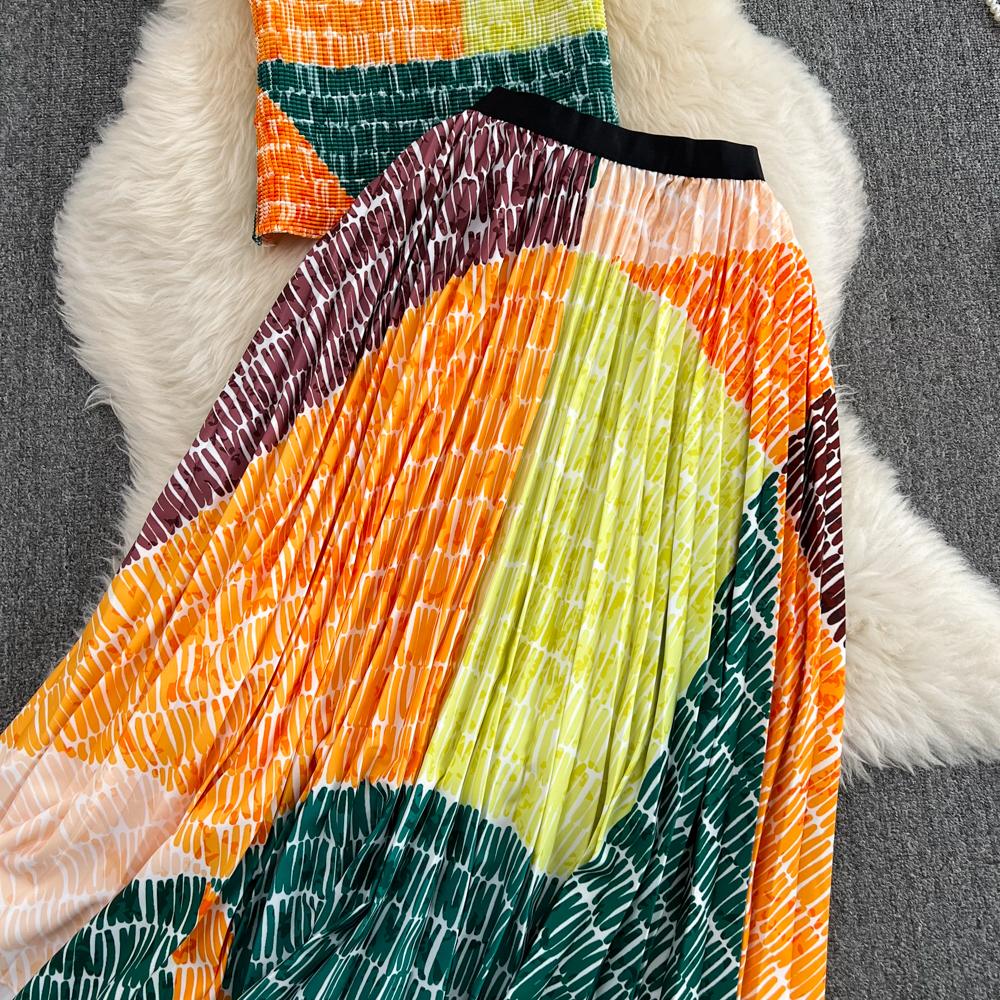 Ladies Fashion Set Crew Neck Slim Short Top Two Piece High Waist Printed A-Line Pleated Skirt