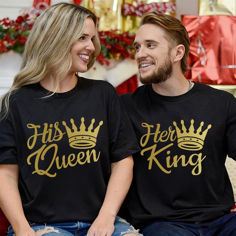 Couple Matching Tshirt His Queen Her King Golden Crown Print Streetwear Women Men Vintage Valentines Day Gifts Lovers Tshirts
