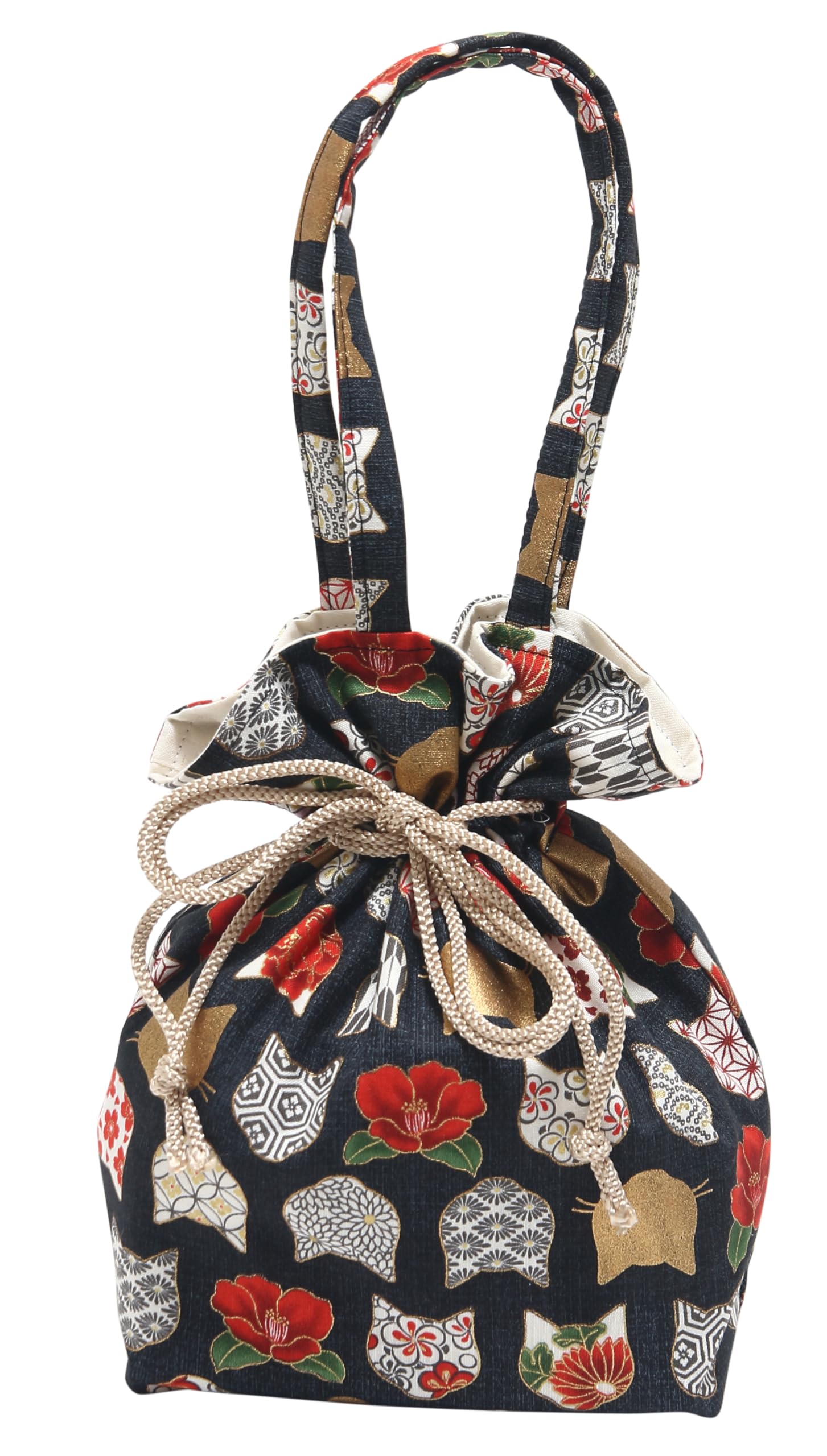 

Hasegawa Cat Print Drawstring Bag with Made in Japan Handle, (Cat Silhouette/Black)