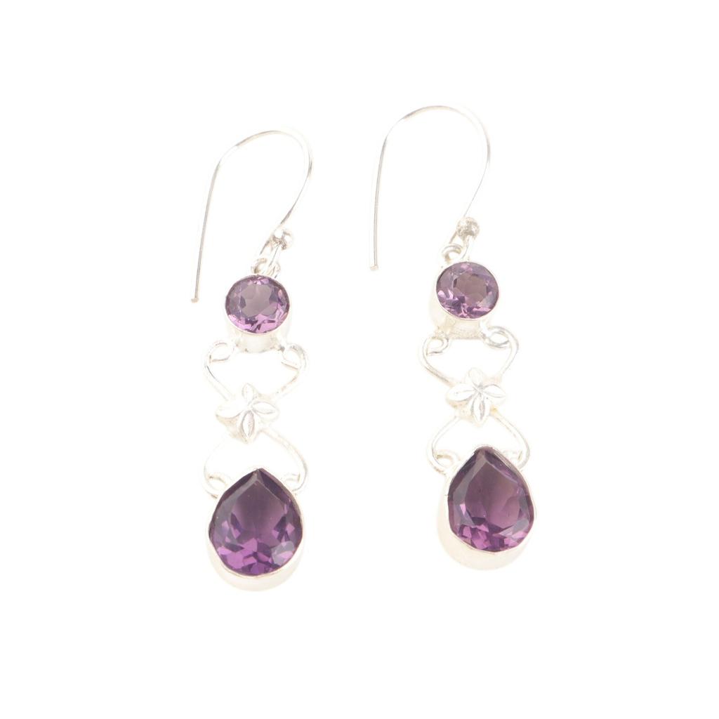 Natural Amethyst Gemstone 925 Sterling Silver Handmade Statement Earrings 2" EE-156-11