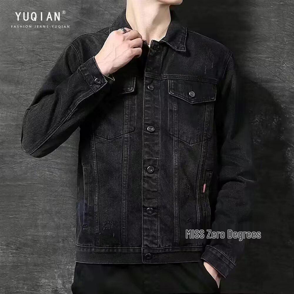 Trendy Men's Slim Fit Black Denim Jacket for Spring/Autumn - Youth Student Fashion