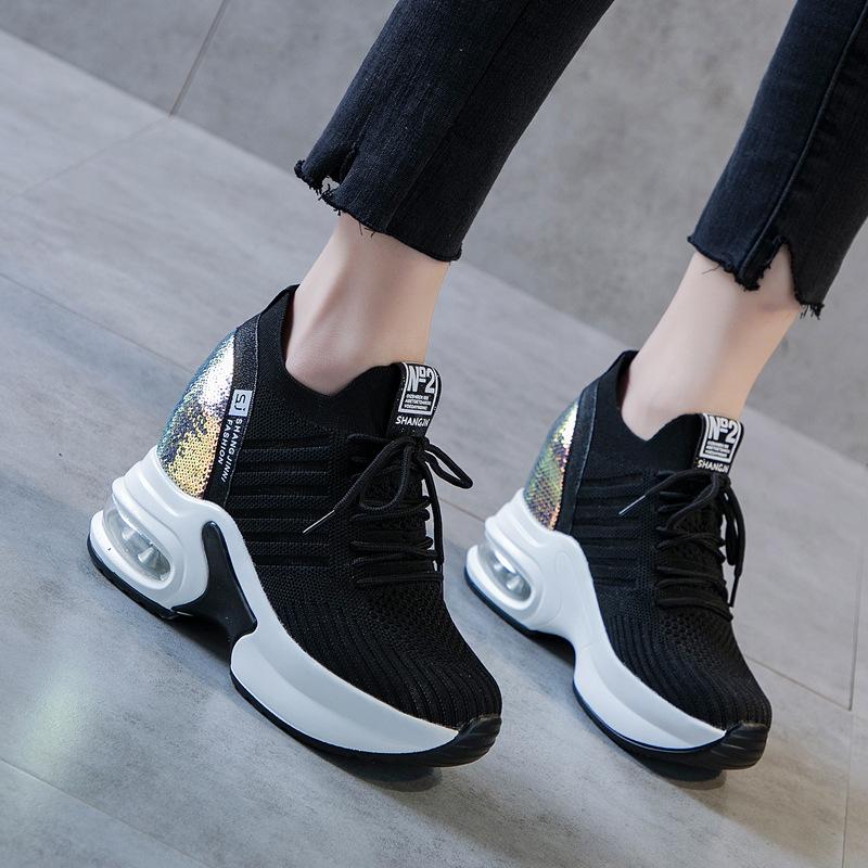 2025 Spring and Summer New Dad Shoes Women's Summer Breathable Mesh Shoes Casual Thick Sole Inner Height Increase Sequined White Shoes