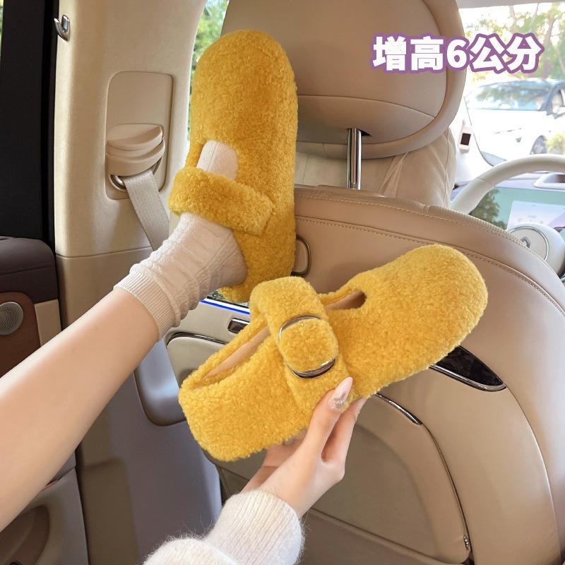 Small height increase cm fluffy slippers women's winter new velvet outer wear heel-less cotton slippers