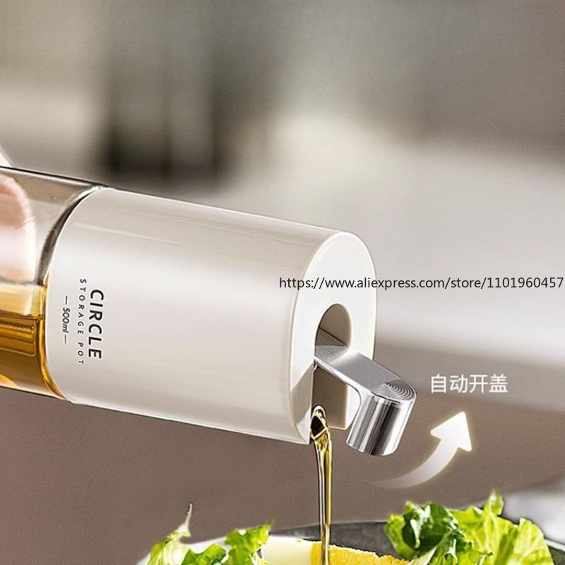 Auslaufsicherer Ölspender aus Glas für die Küche, automatischer Deckelöffnungsmechanismus, ölbeständige Flasche für Sojasauce, Essig und Gewürze