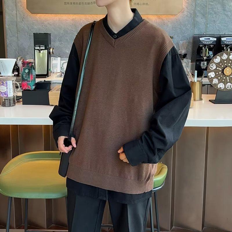 V-neck sweater men's autumn and winter Korean version trendy loose knitted sweater vest autumn ins Hong Kong style Japanese sleeveless vest
