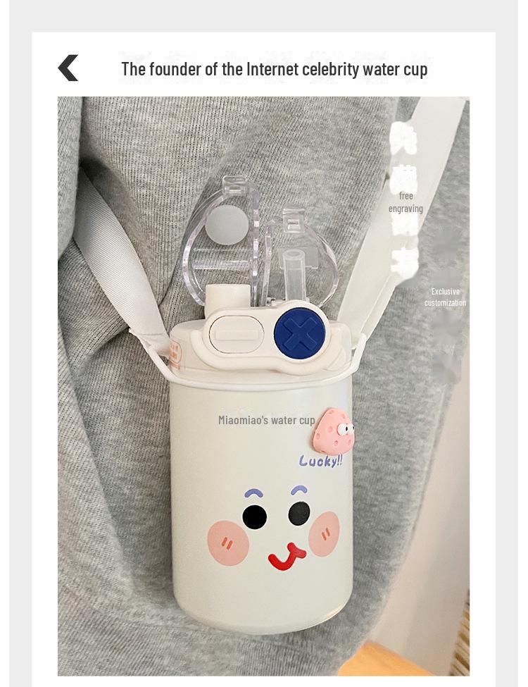 Cute Cartoon Coffee Thermos Cup with Double Spout, Straw, and 316 Stainless Steel - Ideal for Girls