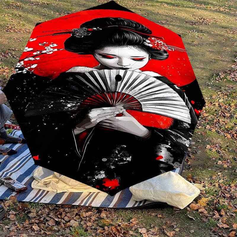 1pc Geisha Sakura Automatic Open/Close Umbrella Compact Folding Umbrella with 8-Rib Shaft for Women/Men, Elegant Birthday1182S