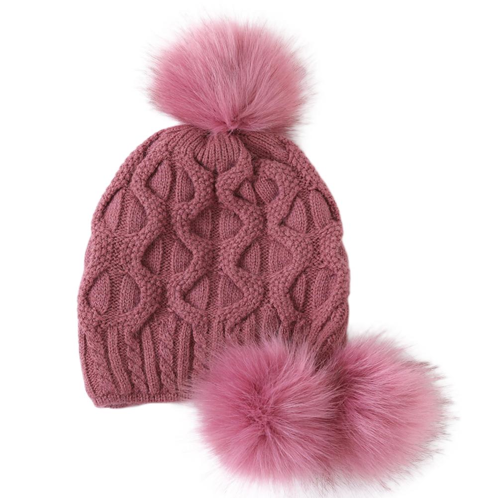 Women Knitted Cap Warm Woolen Hat with Plush Fuzzy Balls for Autumn Winter