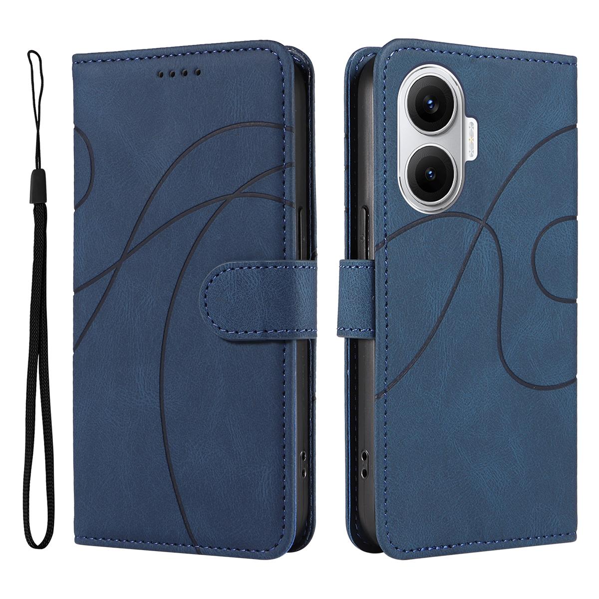 

For Xiaomi Poco F7 5G/Xiaomi Redmi Turbo 4 Pro 5G Wallet Case Leather Phone Cover Stand with Curved Line Design Blue