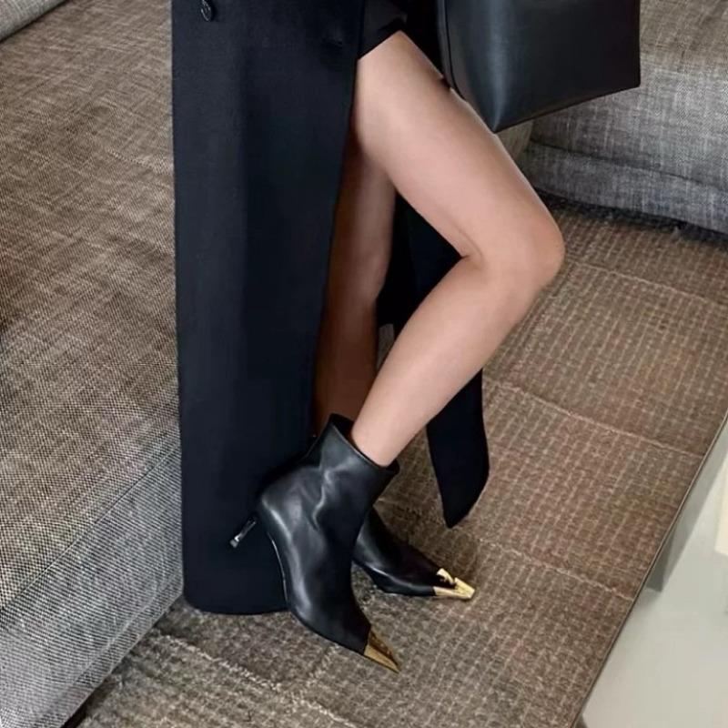 High-heeled boots women's new autumn and winter metal square toe black fashion thin heel temperament high heels