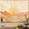 Estetyczny Boho Gobelin ze Słońcem i Górami, Akwarelowy Mandala Sunburst Wiszący na Ścianę, Bohemian Gobelin Krajobrazowy do Sypialni Salonu