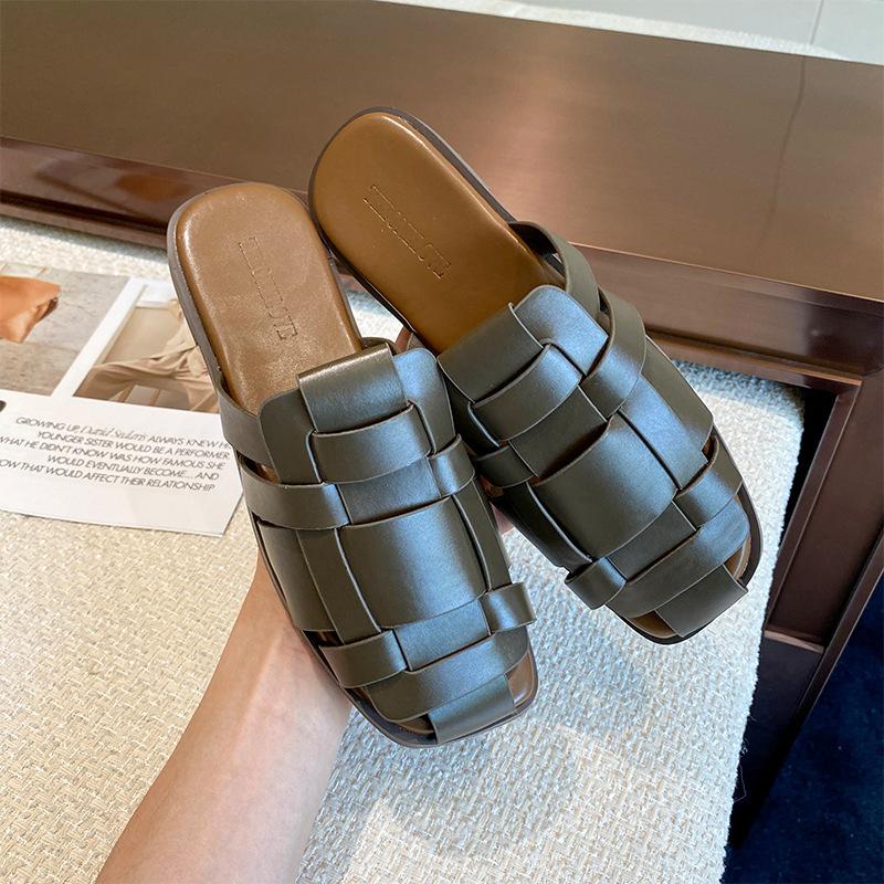 Roman style flat-bottomed slippers 2025 new retro woven straps bag head empty sandals niche soft-soled half slippers