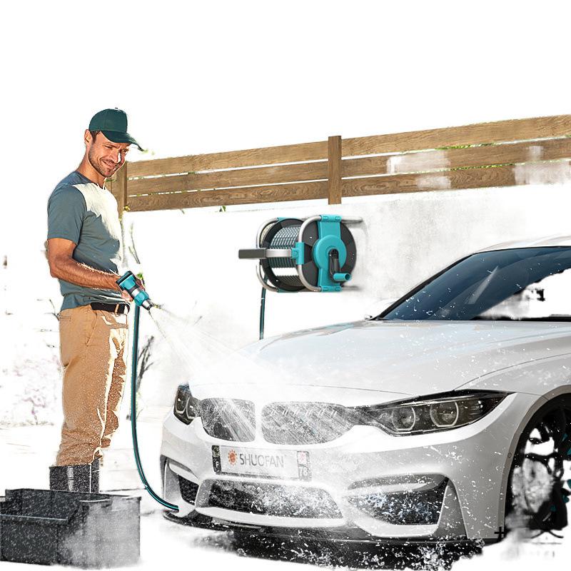 High-Pressure Car Wash Gun with Hose, Anti-Freeze Connector, Storage Rack, and Reel for Garden and Household Use