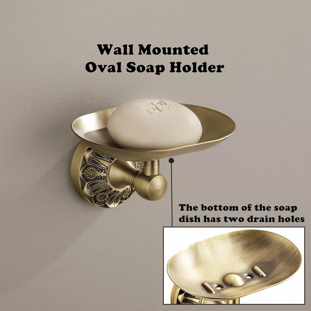 Antique Brass Bathroom Soap Holder, Self Draining Bar Soap Dish Wall Mounted, Oval, Vintage Gold Decorative Bathroom Accessories, Brass Petal-Relief
