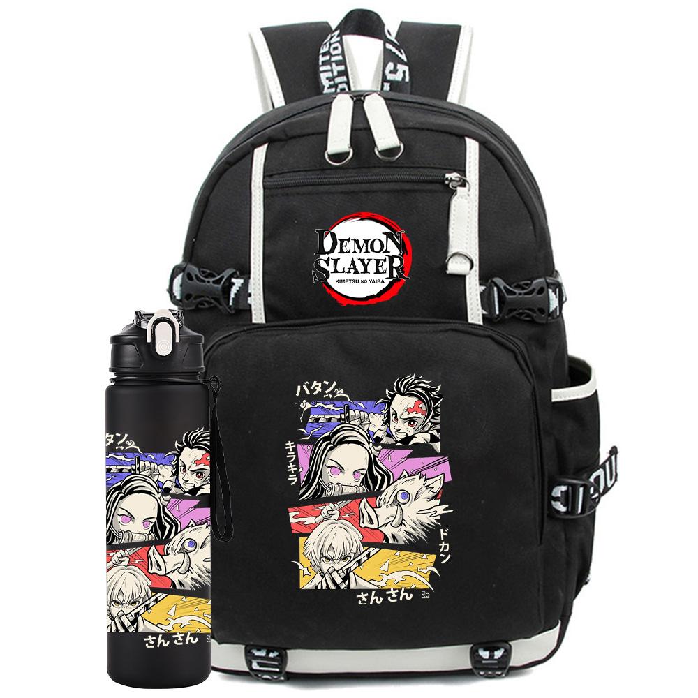 2Pcs/set Anime Demon Slayer Printed Backpack with 750Ml Water Bottler for Teenager Student Girl Boy Large Capacity Waterproof Bookbag Gift