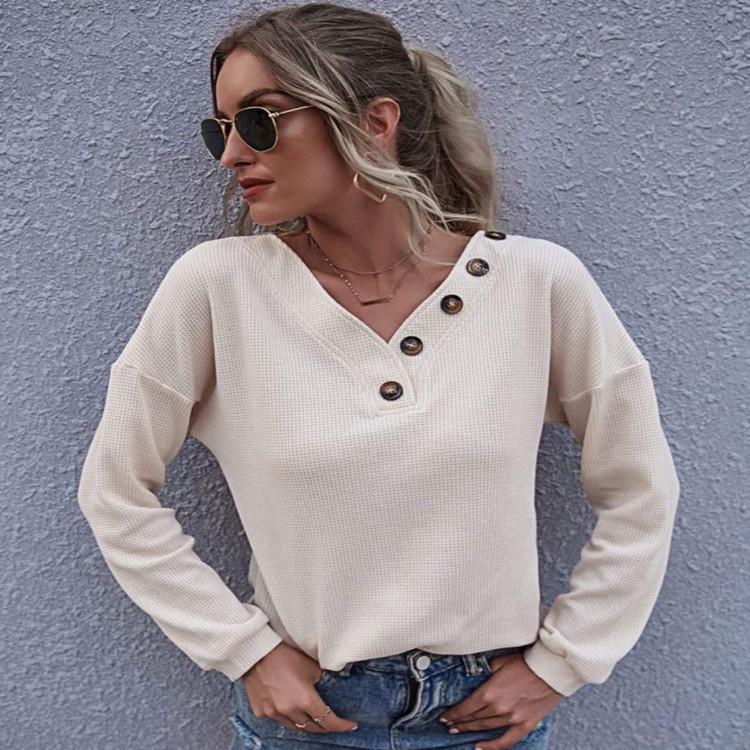 QICED Women's Waffle Solid Color Spring Autumn Lantern Sleeve V-neck Button Loose Casual T-shirt