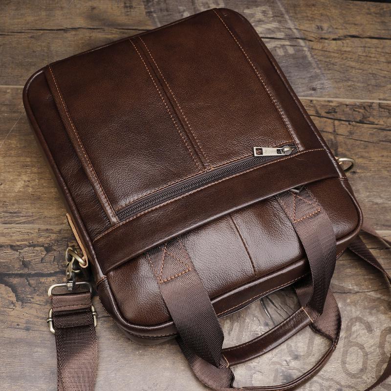 Men's Genuine Leather Vertical Briefcase: Simple Top Layer Cowhide Shoulder & Crossbody Document Bag.