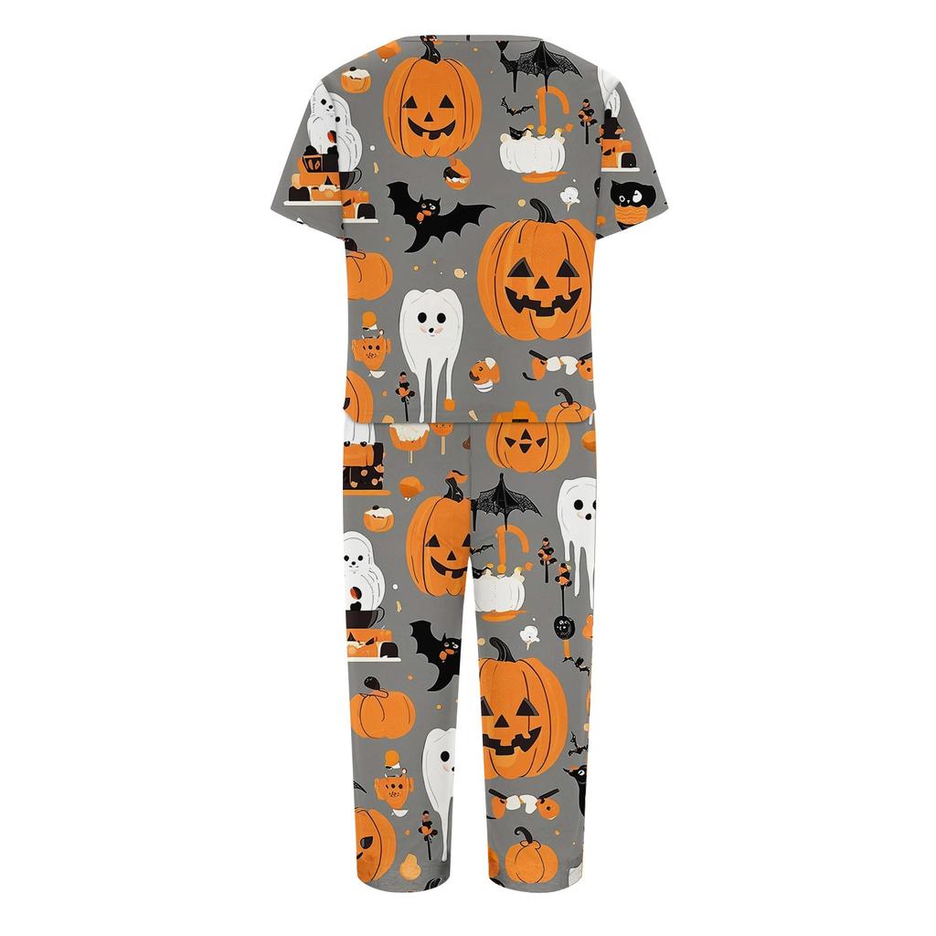 Dvoudílné soupravy pro ženy Krátký rukáv Top a Kalhoty s kapsami Cvičení Měkké Halloweenský potisk Soupravy