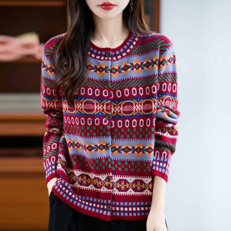 2025 Autumn/Winter Women's Loose Ethnic Style Raccoon Fur & Wool Knit Cardigan with Color Block and Round Neck, Long Sleeves