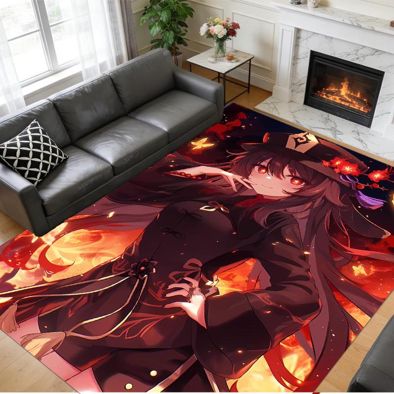 Anti‑Slip Crystal Velvet Floor Rug, Genshin Impact Design Carpet for Indoor Living Bedroom Home Decoration
