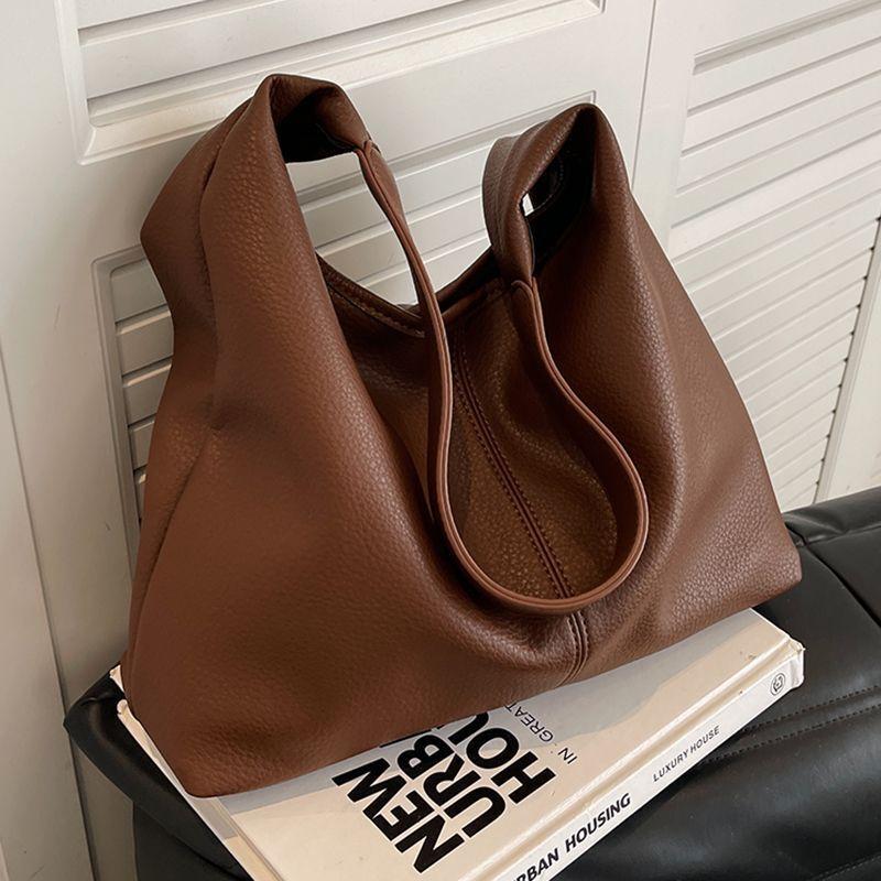 Brown Soft PU Leather Tote Bag For Women Casual Style Large Capacity Shoulder Bag With Litchi Grain Texture For Daily Work