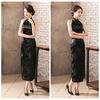 Neck Holder Backless Print Size [TRTRO] Cheongsam, Off-the-Shoulder, Sleeveless, Long, Slit, Qipao, (Plum Black, M)