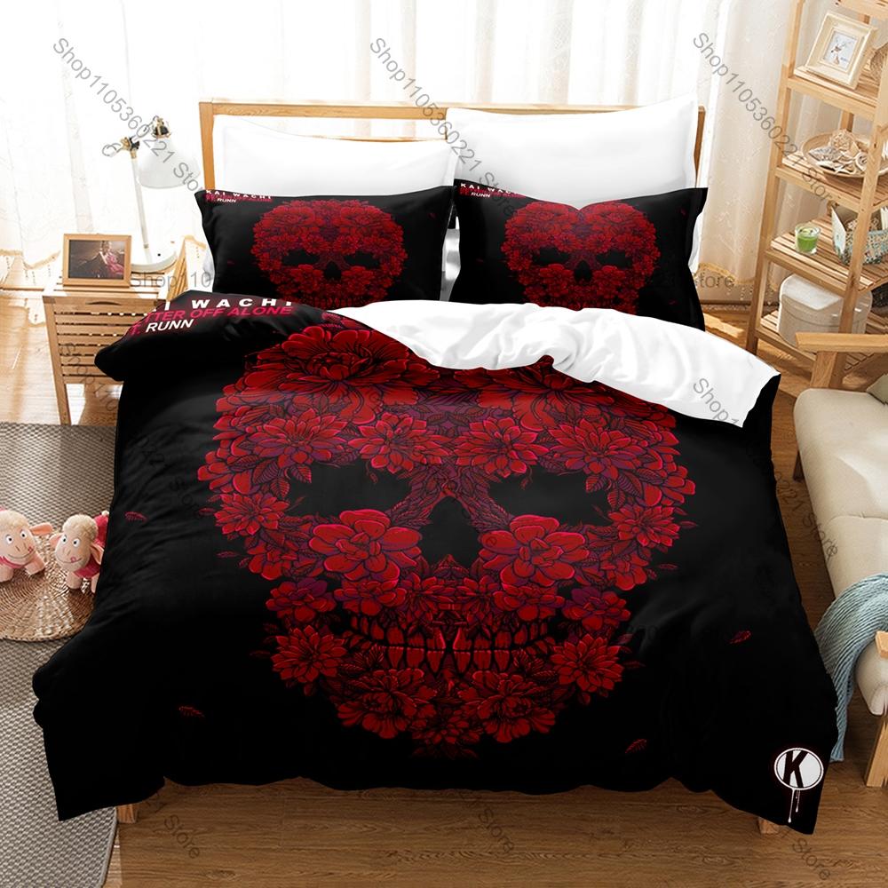 Teschio Horror Gotico Grafica Kai Wachi EDM Bass DJ Concerto Merch Set Biancheria da Letto Copripiumino con 2 Federe Adolescente Headbanger