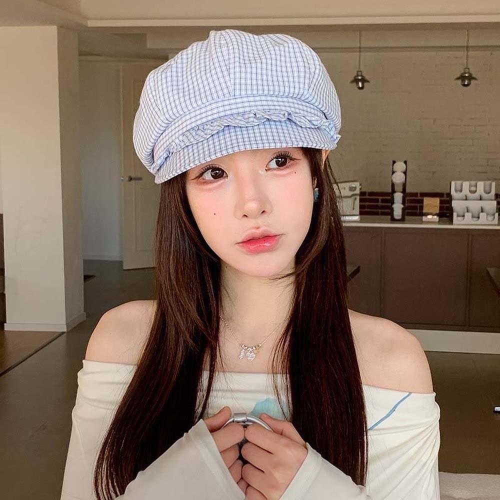 Solid Color Ruffle Octagonal Hat Korean Style Women Artist Hat Versatile Fine Plaid Beret  Daily