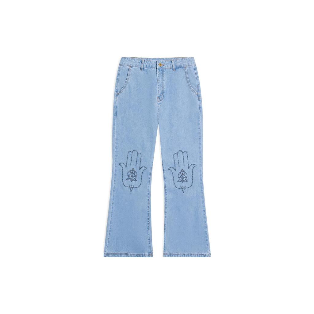 Li Ning Summer Party Solid Color Palm Embroidery Flared Jeans Women Jeans Light-Blue AJQS348-1