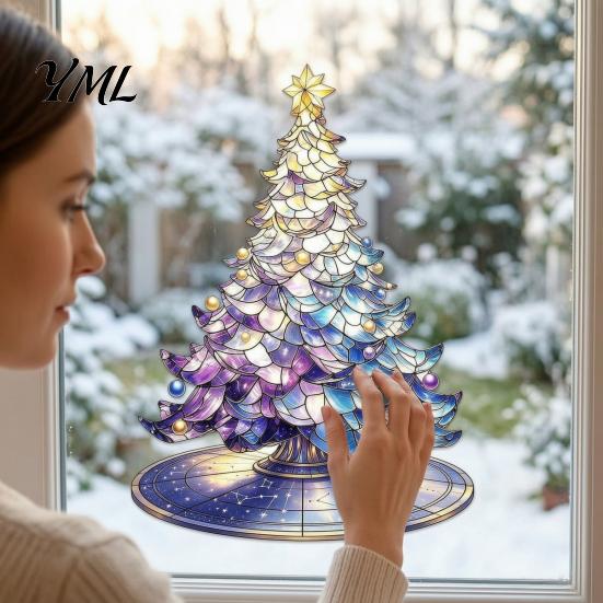 Indoor Outdoor Christmas Decorations Stained Glass Style Tree Static Window Cling, Gradient Starry Sky Colorful Wall Art Xmas Sticker, Reusable