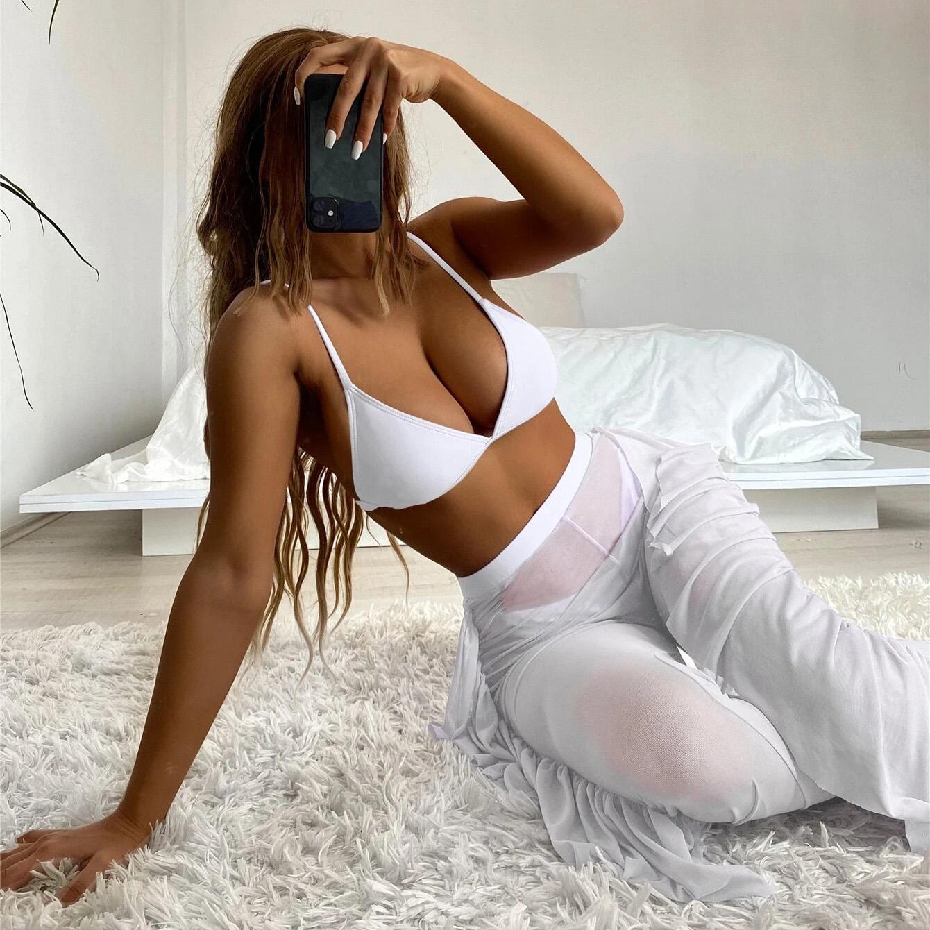 

Купальник женский с бретелькой на шее, сексуальный сплит, комплект из трех предметов, сетчатые однотонные брюки, костюмы бикини S белый