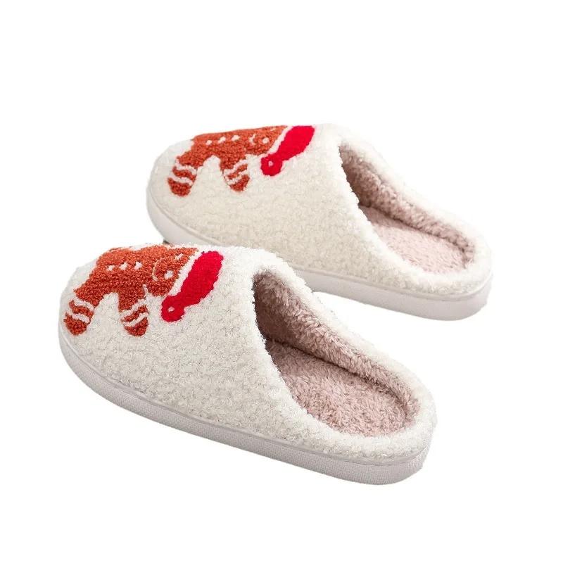 fashion Christmas lovely Plush Slippers Women's Winter Warm Cute Gingerbread Man Home Slippers Funny Slippers Non Slip Cotten Shoes