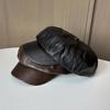 British Retro Pu Leather Brim Small Standard Octagonal Hat Women'S Temperament Versatile Cap Showing Face Small Newsboy Hat