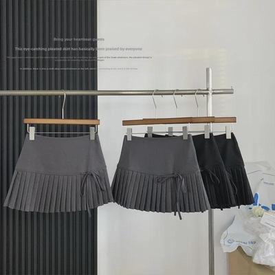 2024 Women's Gray High-Waisted Pleated Lace A-Line Skirt - Short, Slim-fit, Elegant Design